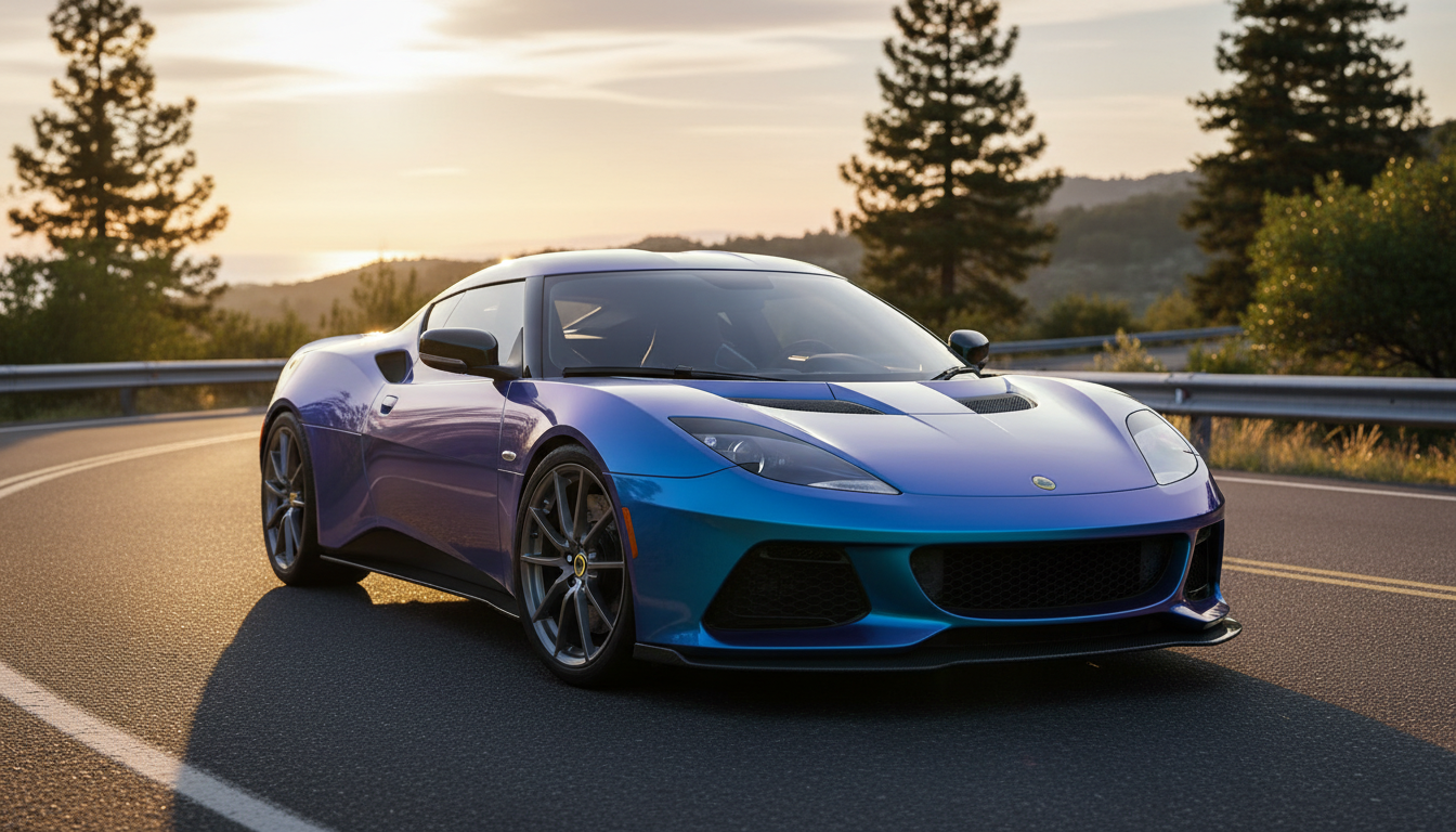 A sleek blue and purple iridescent Lotus sports car parked on a winding mountain road during a golden sunset.