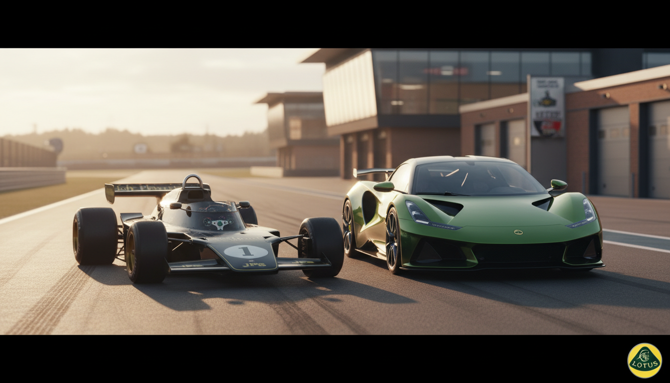 A classic black and gold Lotus Formula 1 car with the number 1 positioned next to a modern bright green Lotus Emira sports car on a paved racetrack at golden hour with pit lane buildings in the background.
