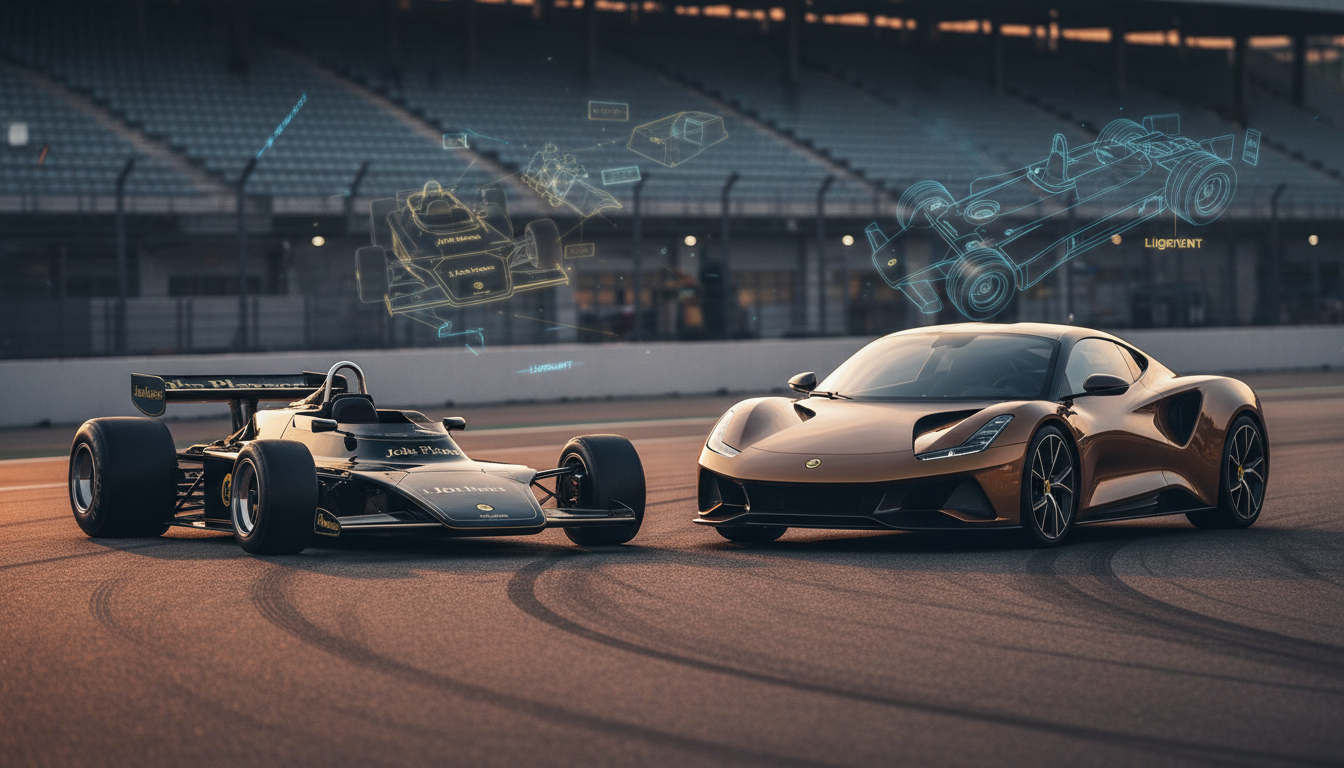 A side-by-side comparison of a vintage black and gold Formula 1 car and a modern bronze sports car on a race track at sunset, with glowing holographic blueprints of the vehicles floating in the air above them.