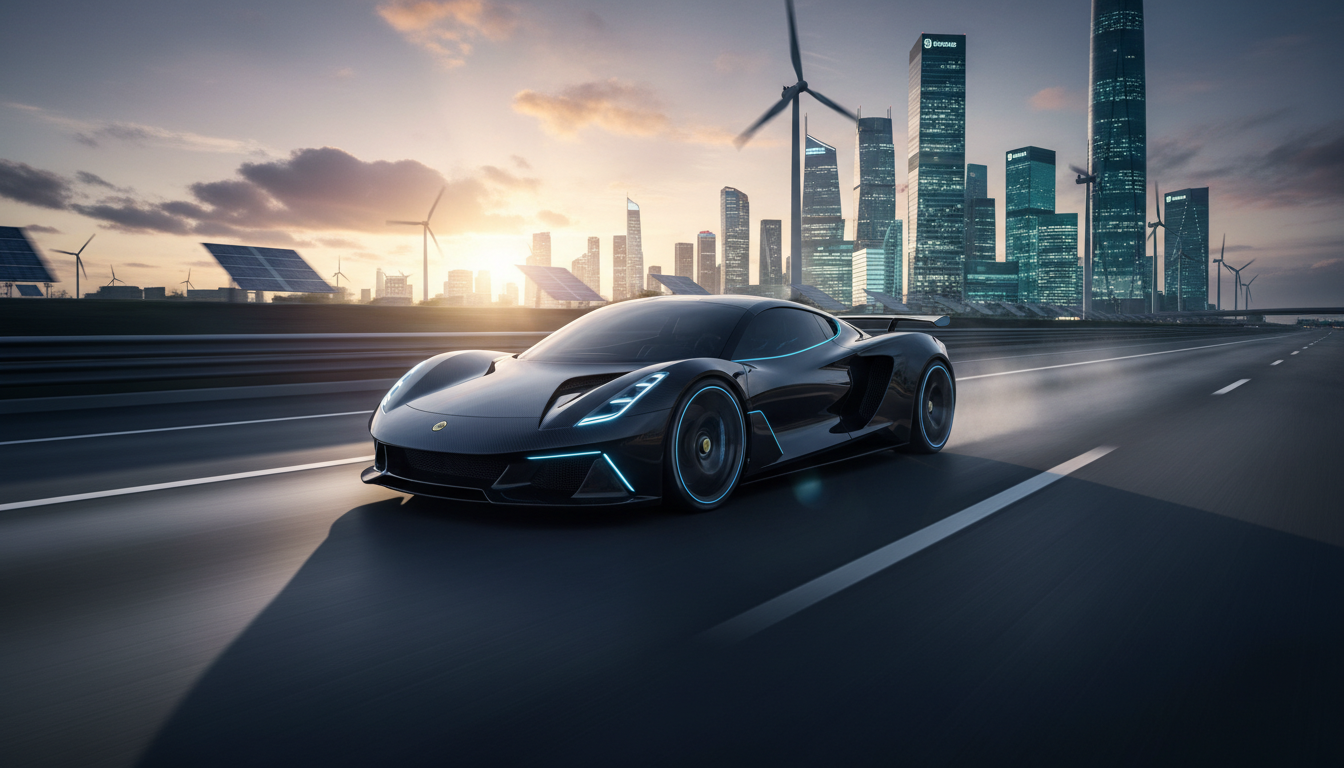 A black electric hypercar with blue glowing accents speeds along a multi-lane highway toward a futuristic city skyline featuring skyscrapers, wind turbines, and solar panels at sunset.