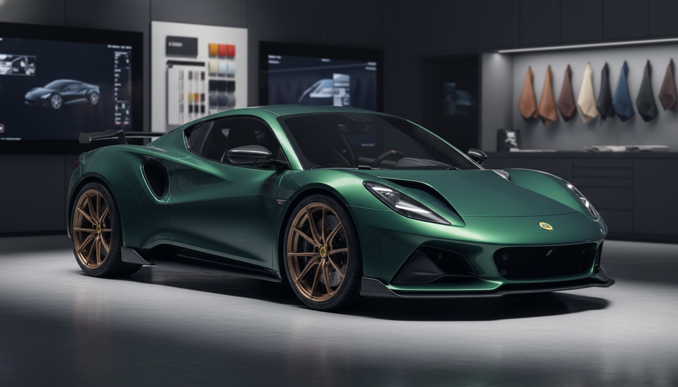 A metallic green Lotus Emira sports car with gold wheels and carbon fiber accents parked inside a modern automotive design studio featuring leather color swatches and digital screens.