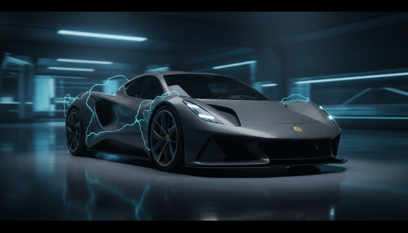 A sleek grey carbon fiber supercar with glowing blue electrical energy arcs in a futuristic, neon-lit garage.