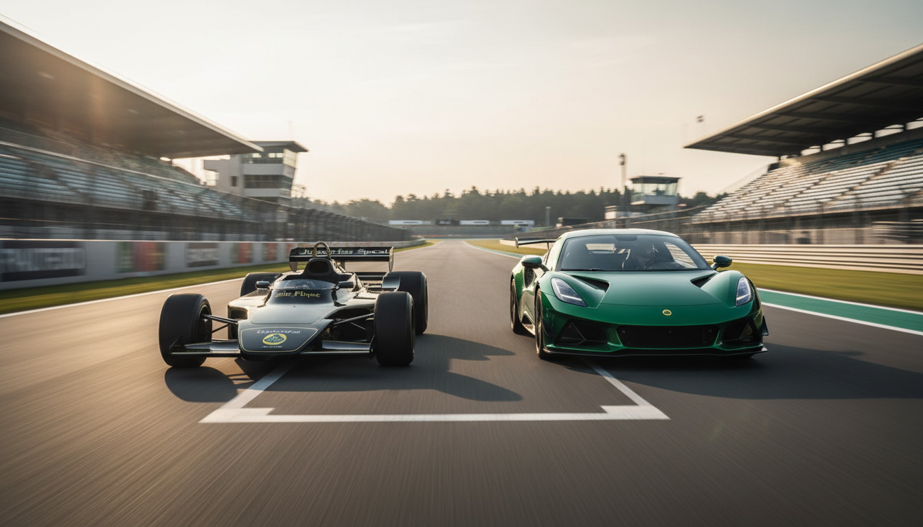 A vintage black and gold Lotus Formula 1 car alongside a modern metallic green Lotus sports car on a racing track at sunset.