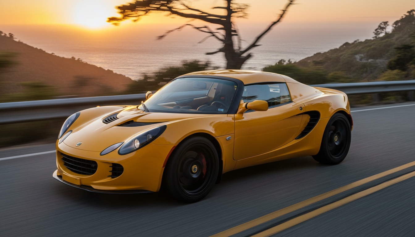 A bright yellow Lotus Elise sports car driving along a scenic coastal road at sunset.
