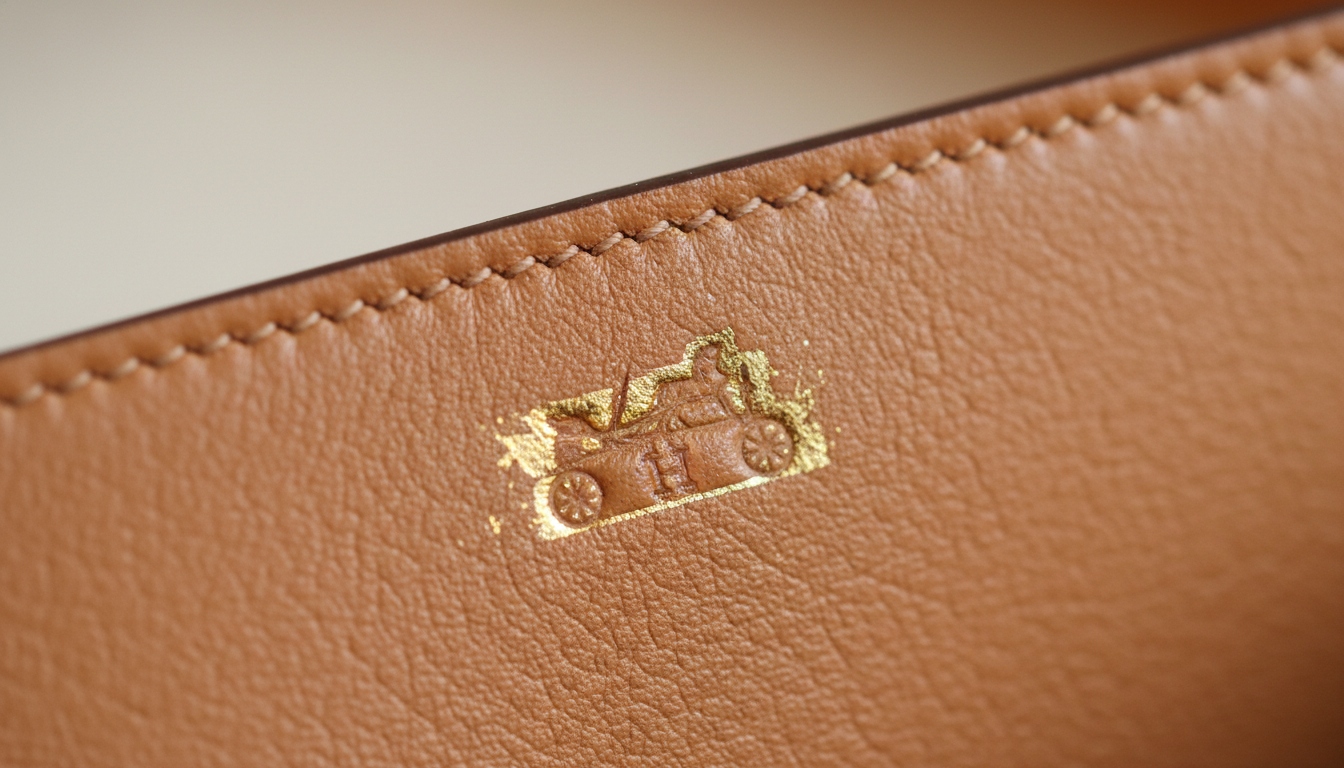 Macro photography of authentic Hermes blind stamp and saddle stitching