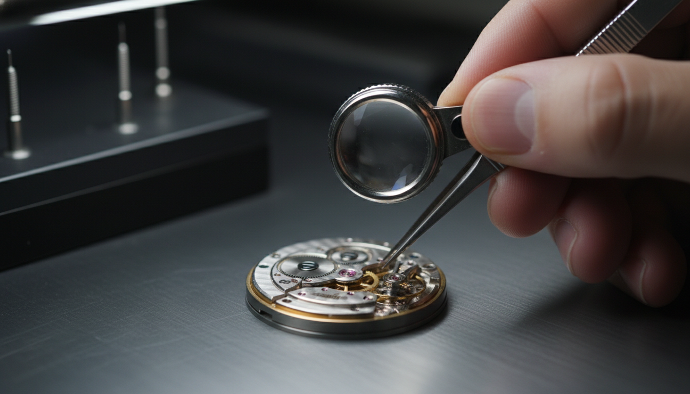 Expert horologist inspecting a Patek Philippe movement with a loupe