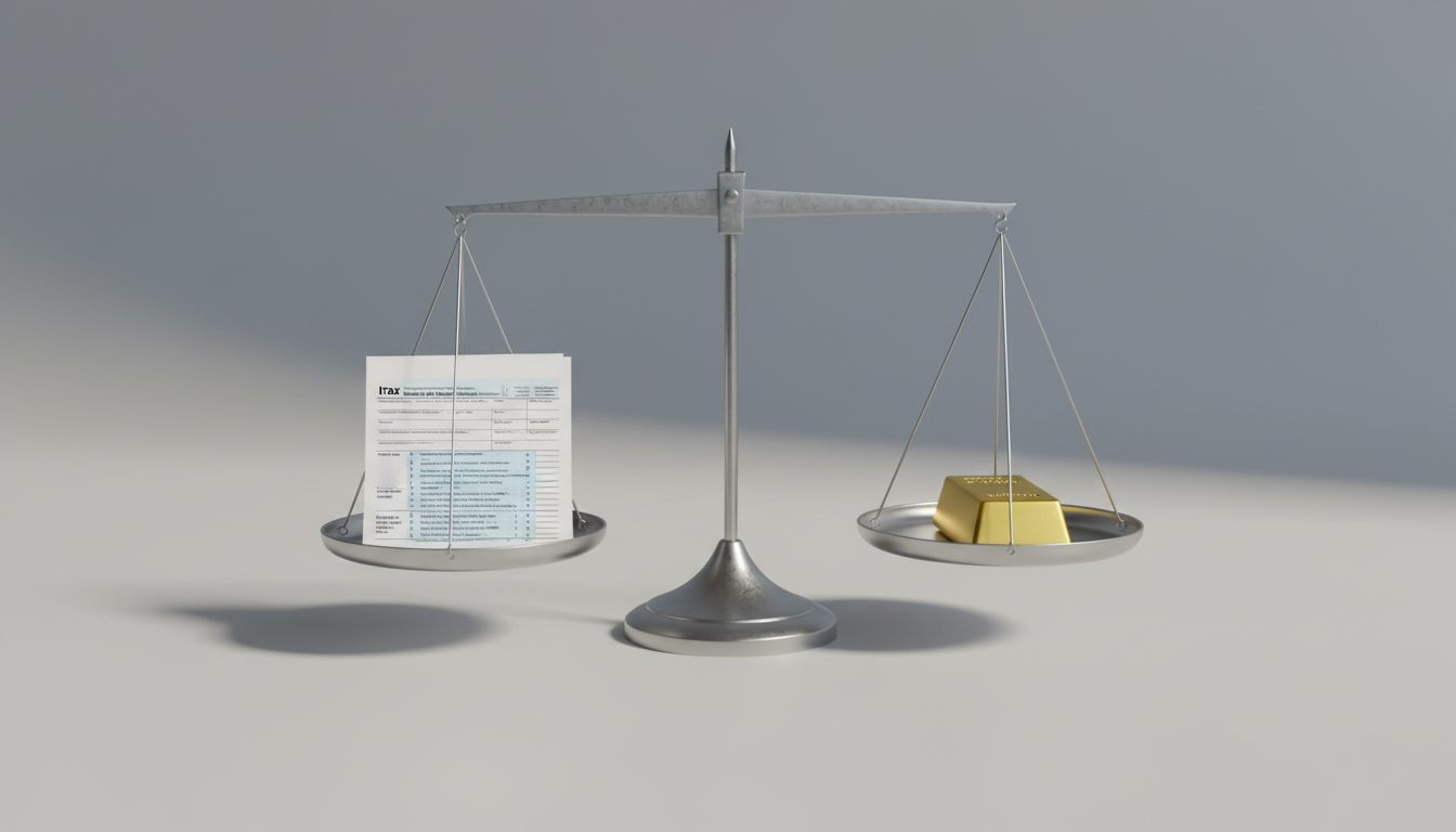 Scale balancing tax documents and gold bullion representing financial strategy