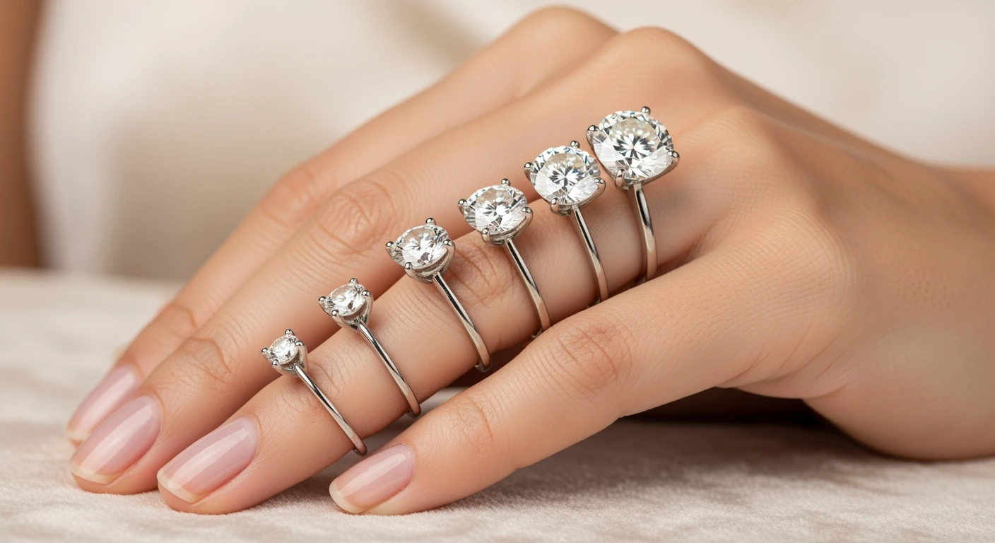 Diamond carat size comparison on hand showing progression from small to large solitaire engagement rings