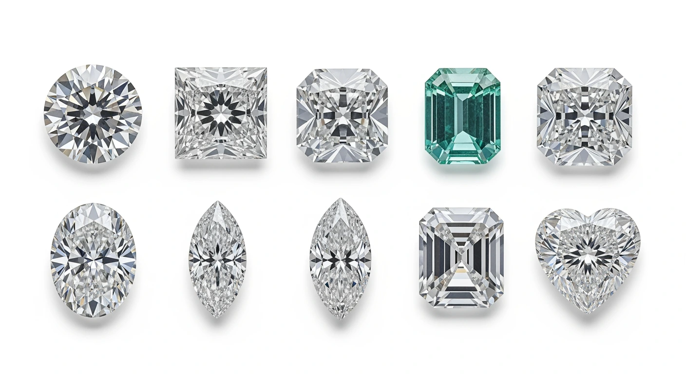 All 10 major diamond cut shapes compared: round brilliant, princess, emerald, cushion, oval, pear, marquise, radiant, asscher, heart