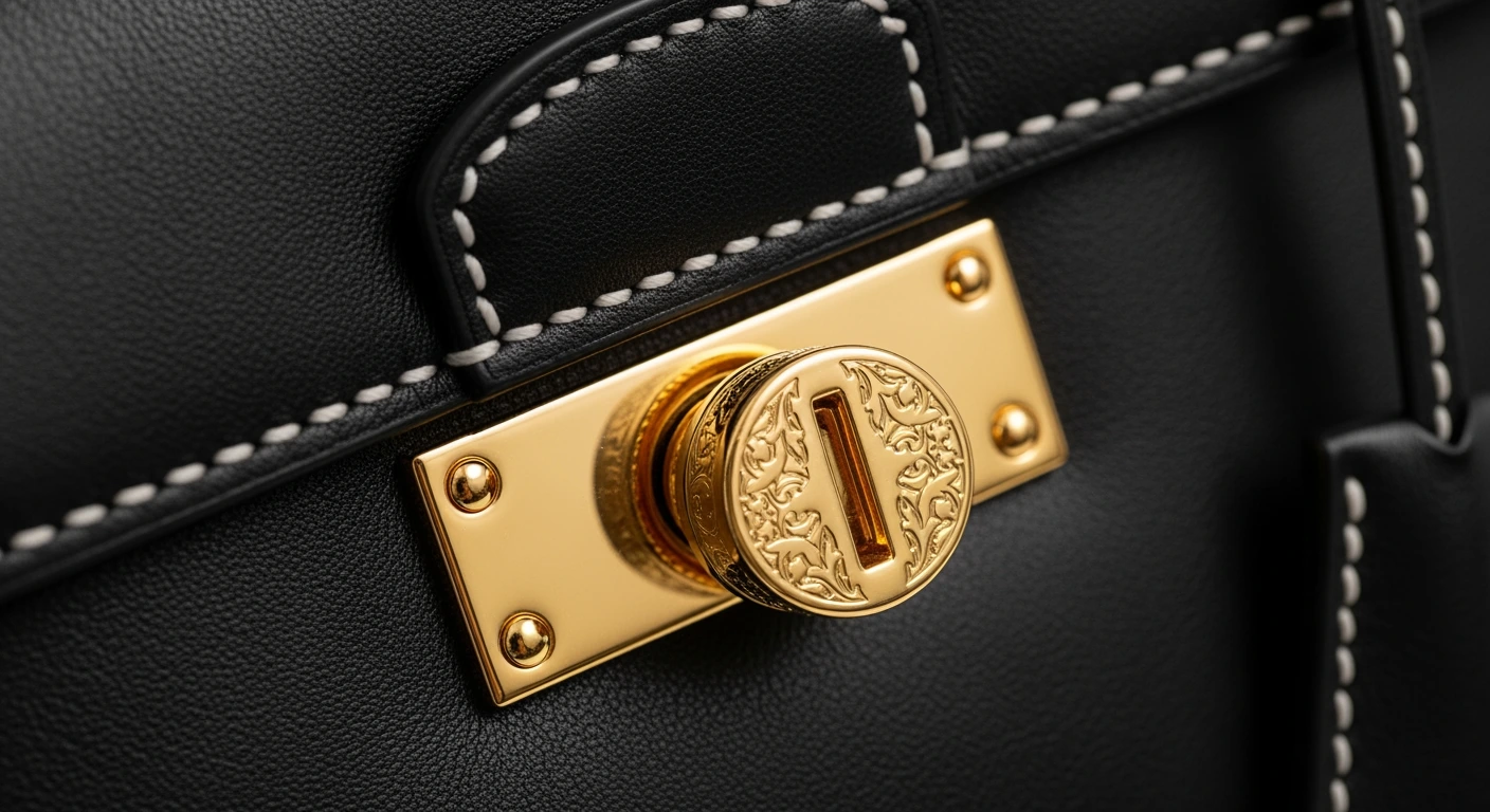 Close-up of luxury handbag craftsmanship — gold hardware and hand-stitched saddle stitching
