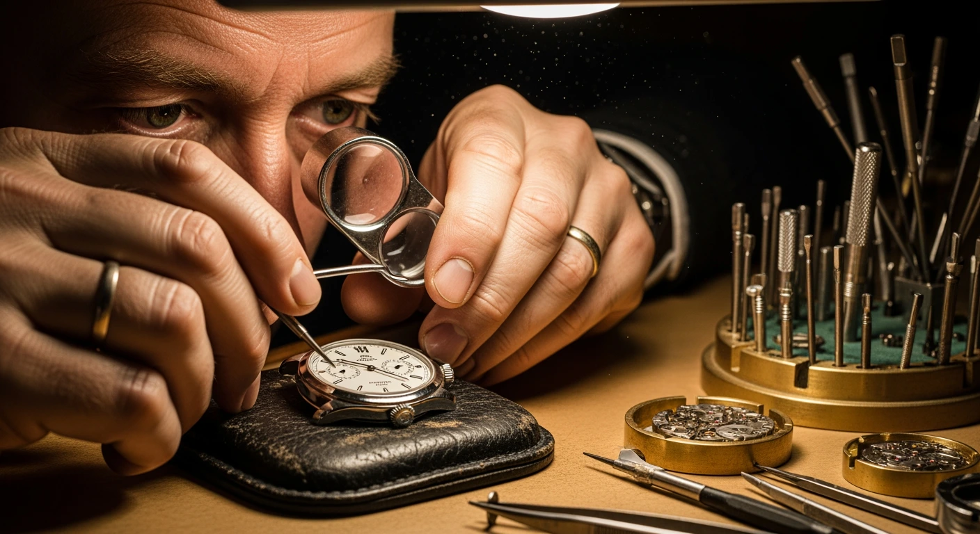 luxury-watch-authentication-loupe-inspection - Borro Watch expert authenticating a luxury timepiece with a jewelers loupe