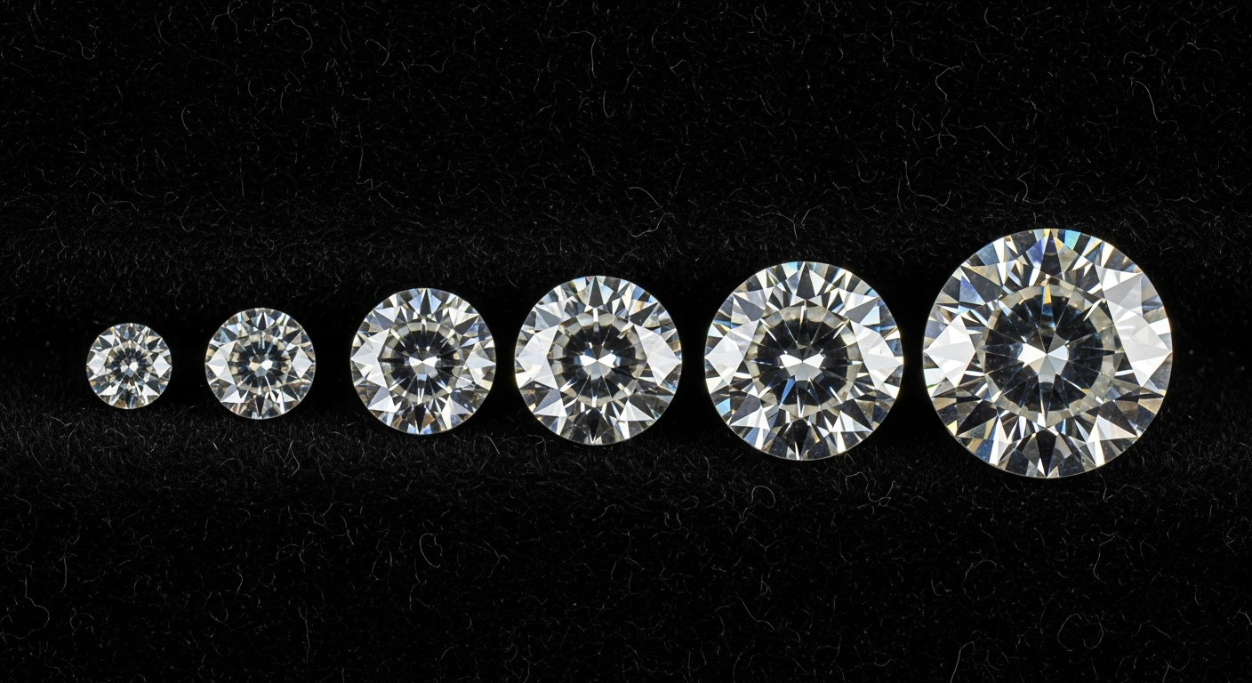 Round brilliant cut diamonds in increasing carat sizes from half carat to five carats