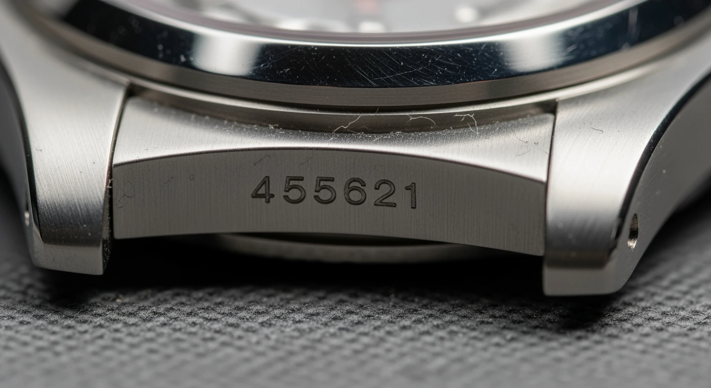 Serial number engraved between the lugs of a luxury watch for dating and authentication