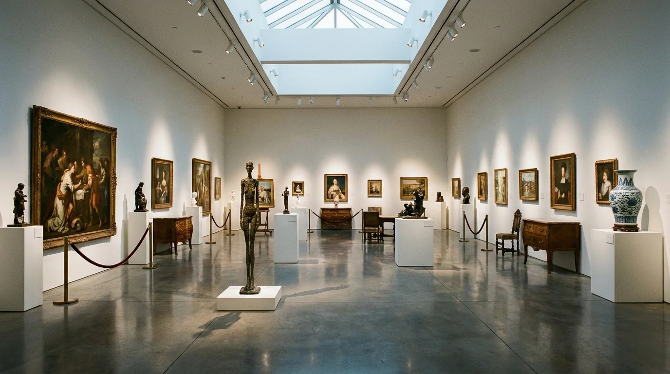 Auction house preview interior — grand room with artwork under spotlights