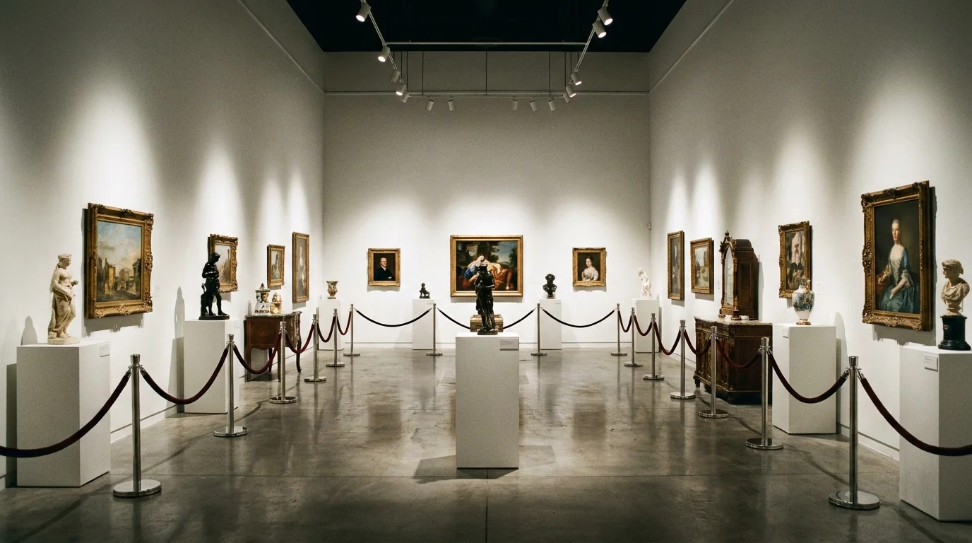 Auction house preview interior — grand room with artwork under spotlights
