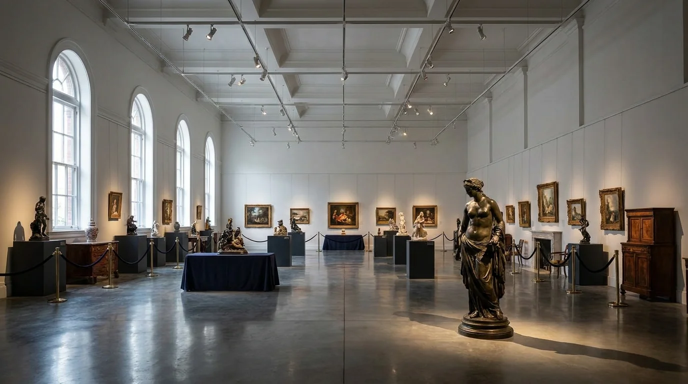 Auction house preview interior — grand room with artwork under spotlights