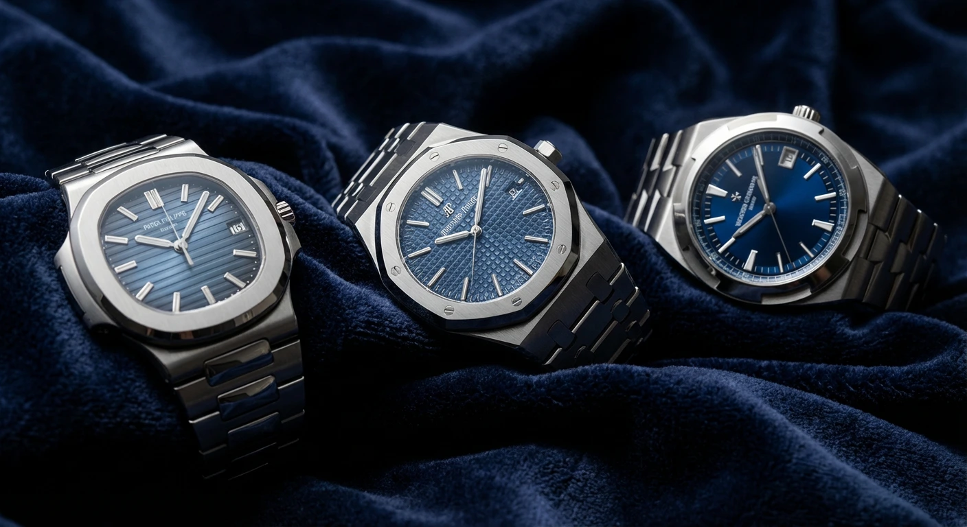 The Holy Trinity of watches — Patek Philippe Nautilus, Audemars Piguet Royal Oak, and Vacheron Constantin Overseas on dark velvet for collateral loan evaluation by Borro