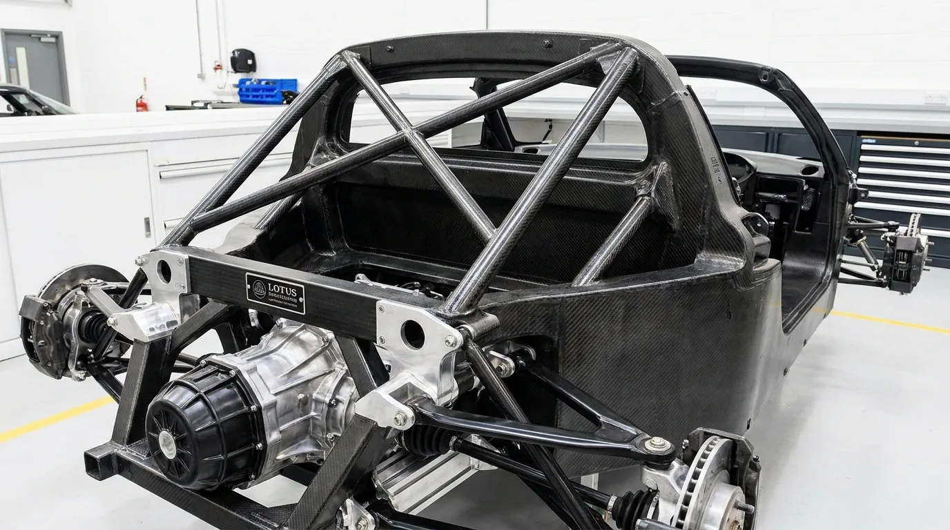 Lotus lightweight chassis engineering editorial — carbon fiber and performance