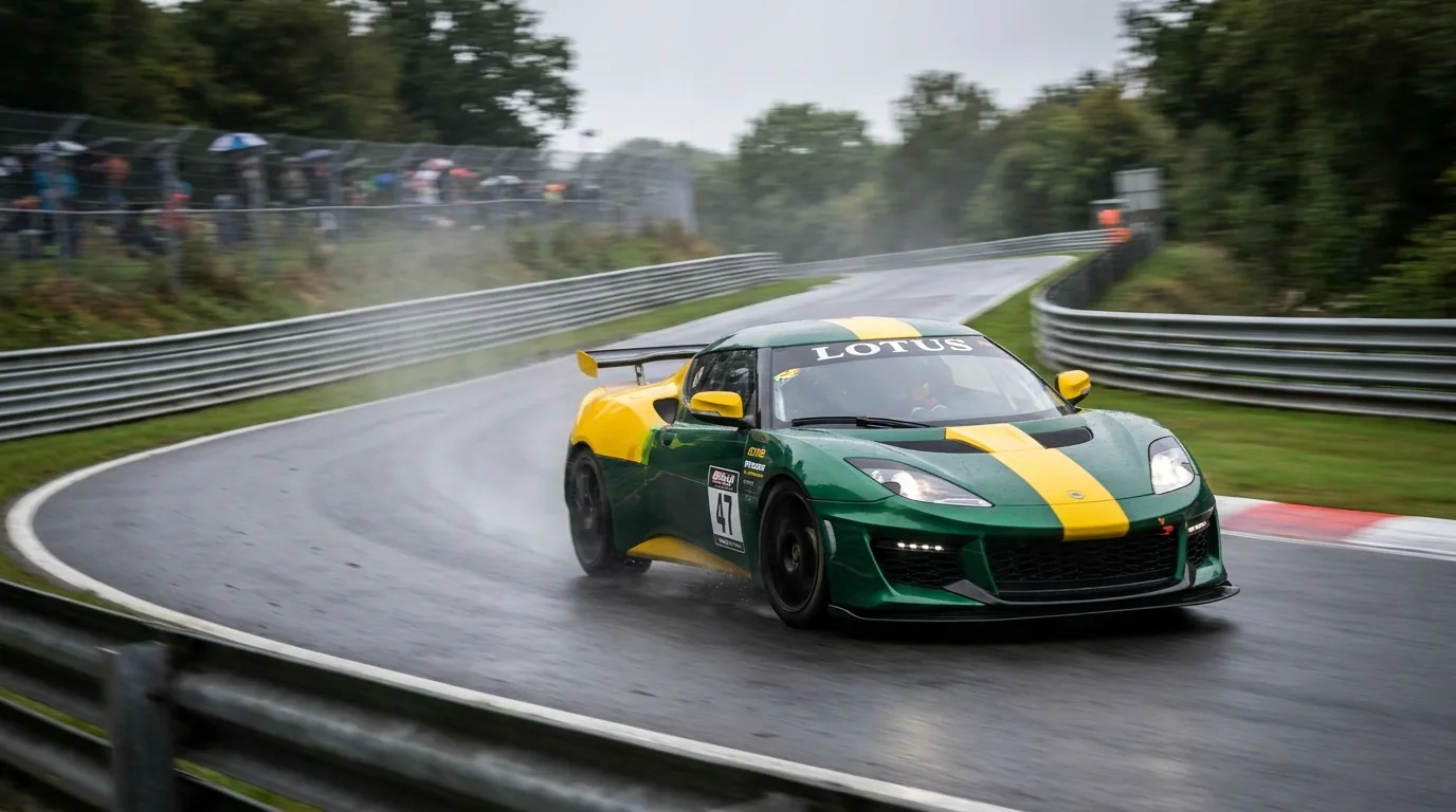 Green and yellow Lotus race car navigating a wet track with spray, spectator stands in the background on a curving circuit.