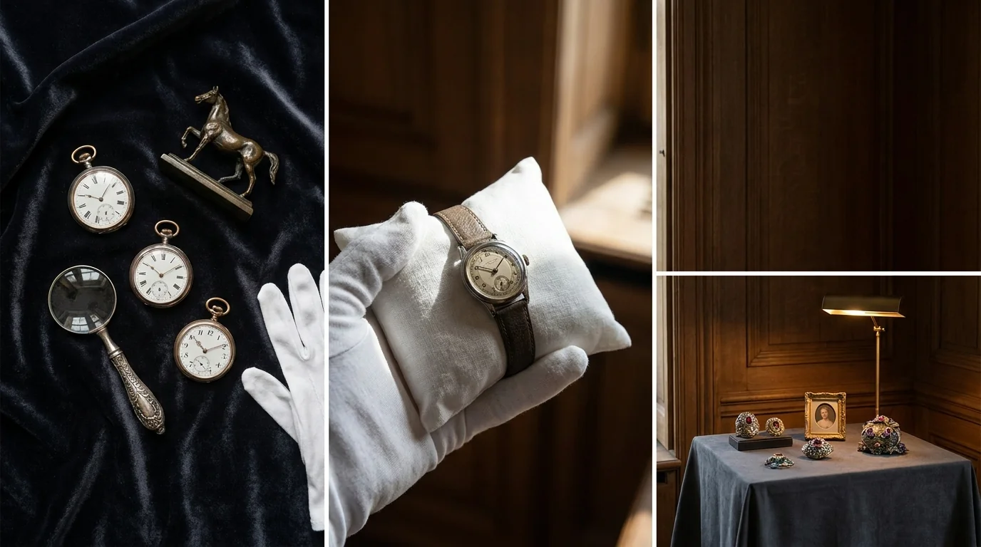 Luxury auction preview editorial — fine objects on velvet under gallery lighting