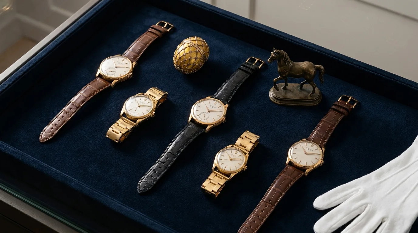 Luxury auction preview editorial — fine objects on velvet under gallery lighting