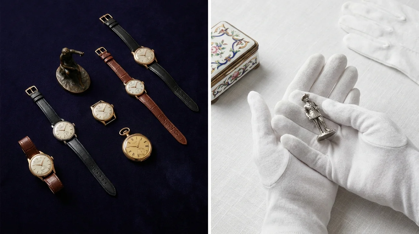 Luxury auction preview editorial — fine objects on velvet under gallery lighting