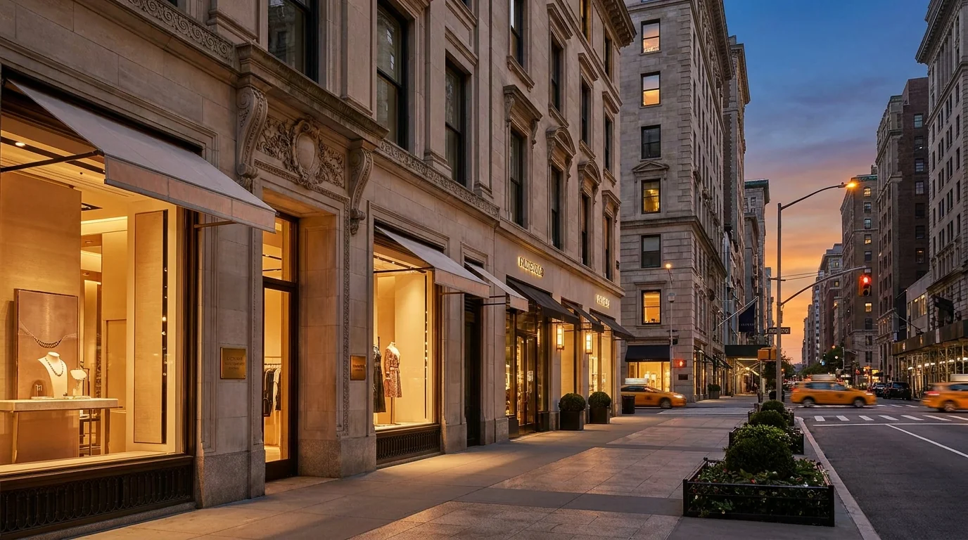 Manhattan Fifth Avenue luxury editorial — high-end storefronts and streetscape