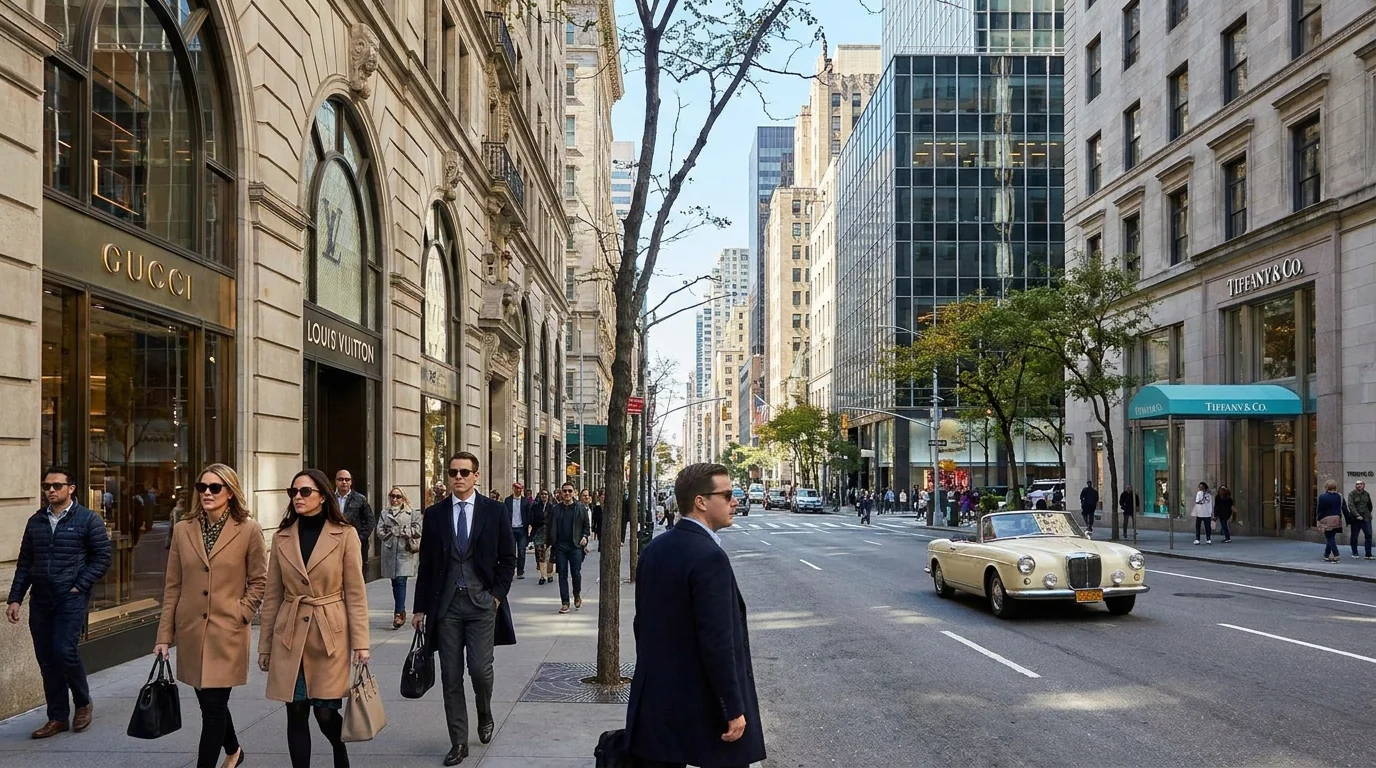 Manhattan Fifth Avenue luxury editorial — high-end storefronts and streetscape