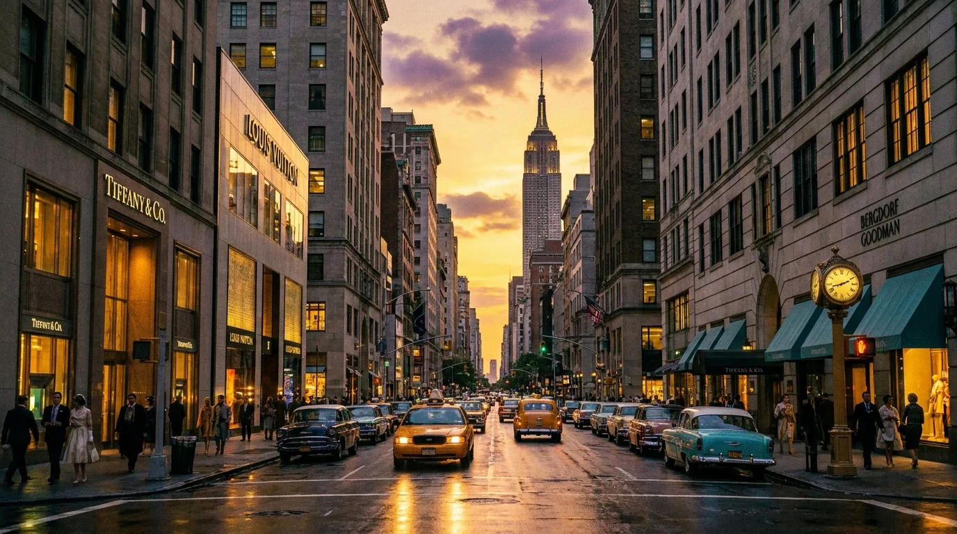 Sunset street scene in Manhattan with luxury shops, vintage cars, and pedestrians; Empire State Building visible in the distance.