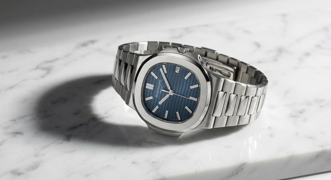 Patek Philippe Nautilus stainless steel watch on white marble surface — investment value retention and collateral loan evaluation by Borro luxury asset lender