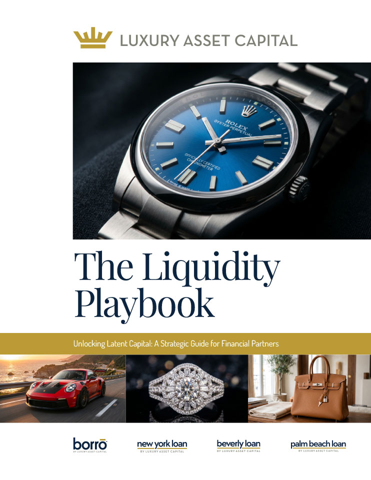 Cover of The Liquidity Playbook by Luxury Asset Capital featuring a blue Rolex watch with a collage of luxury items and partner logos at the bottom.