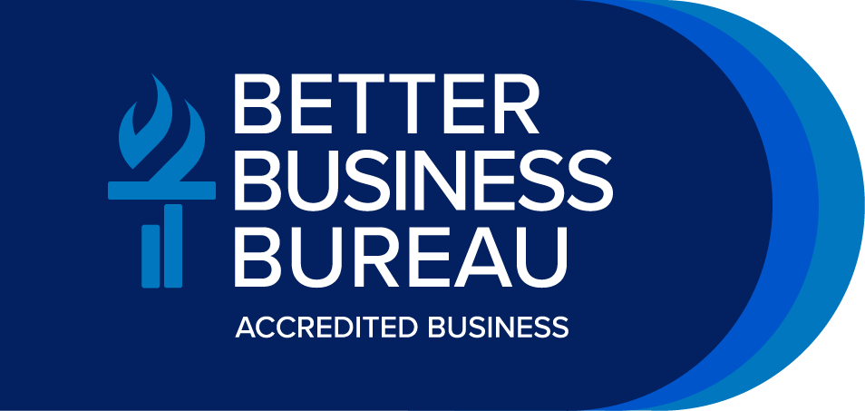 Bbb logo featuring a flame icon with the text 'better business bureau' and 'accredited business' on a dark blue curved background