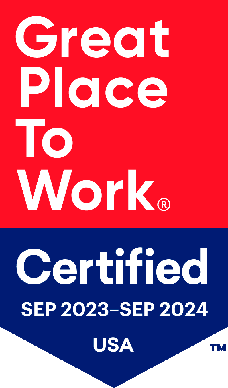 Great place to work certified badge with white text on red and blue background, showing sep 2023–sep 2024 and usa.