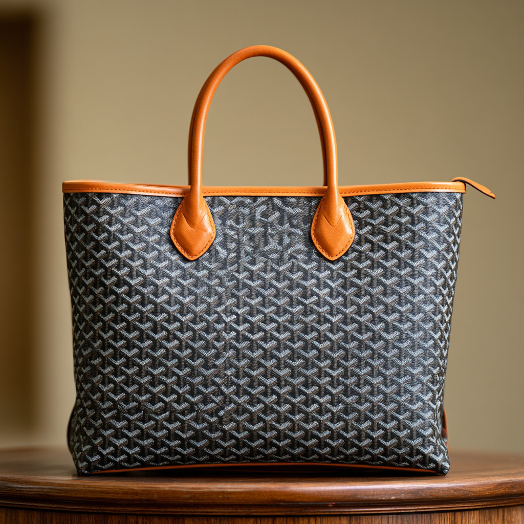 Gray patterned tote bag with orange leather handles and trim resting on a wooden surface.