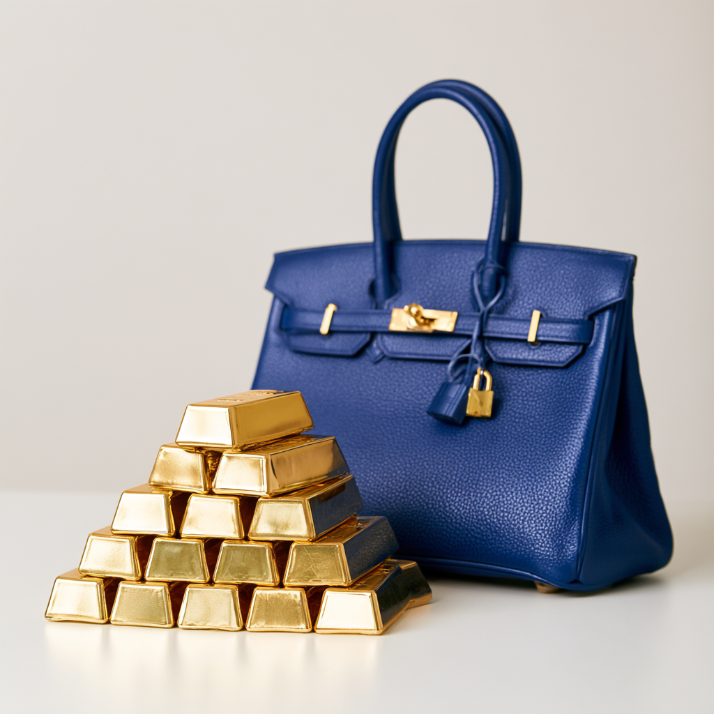 Blue leather handbag paired with a pyramid of gold bars on a white surface, suggesting wealth and luxury.