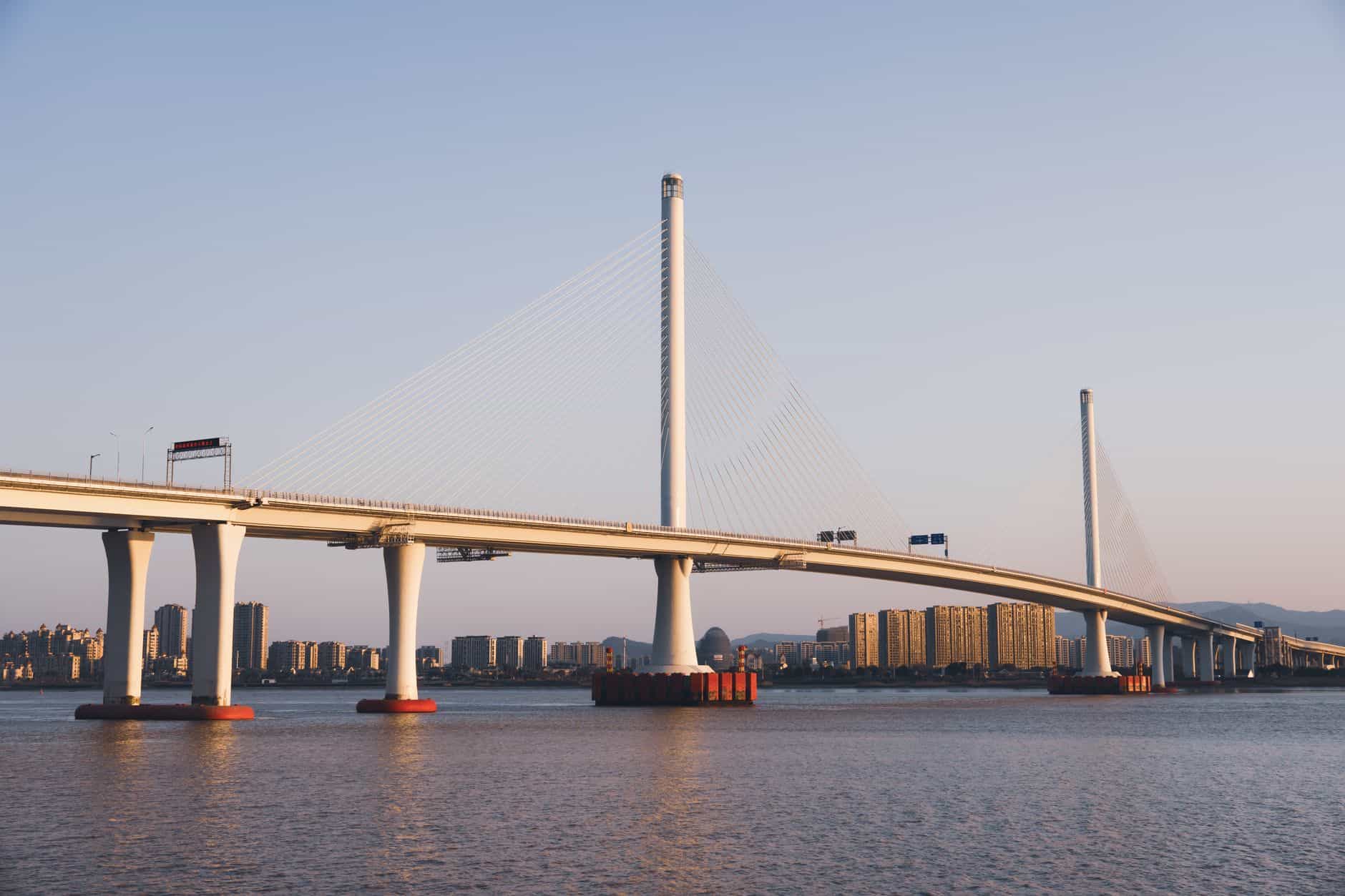 Cable-stayed bridge spanning over water with city skyline in background.