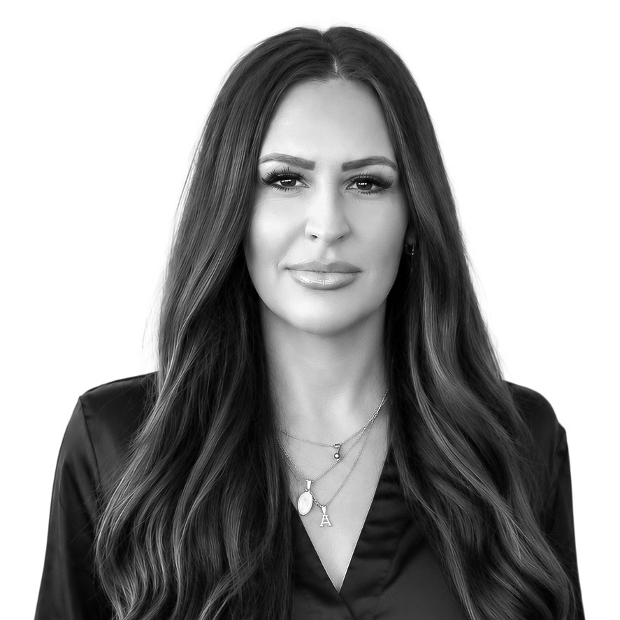 Business executive portrait of a woman, black and white, professional headshot.